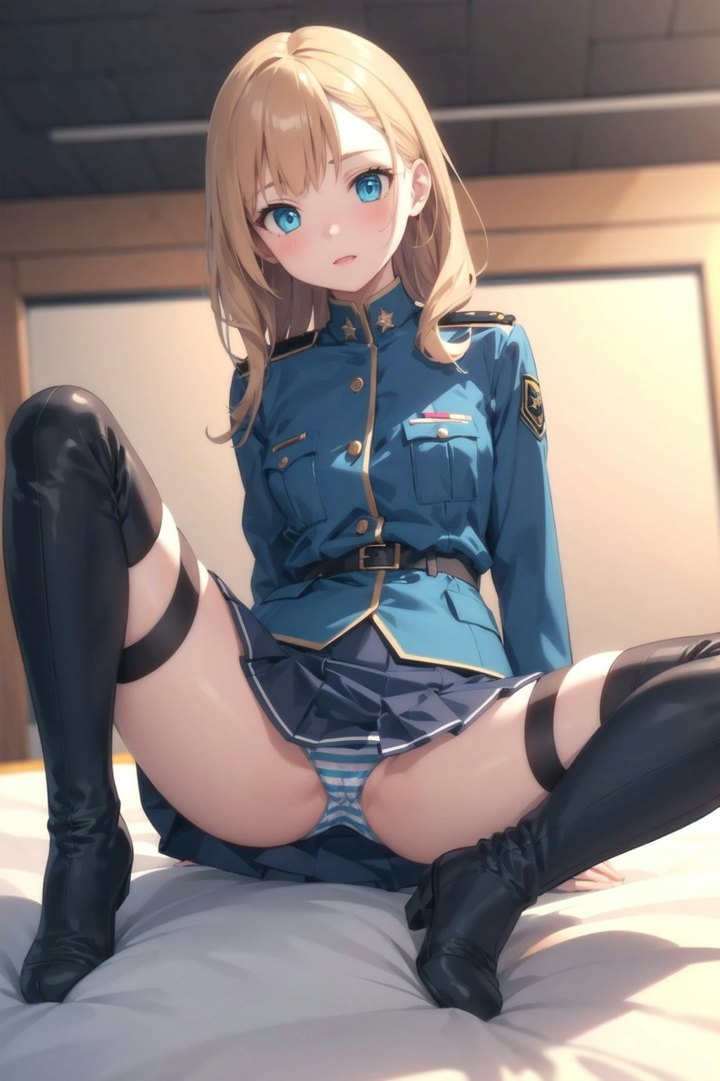 ニーハイブーツの縞パン軍服少女