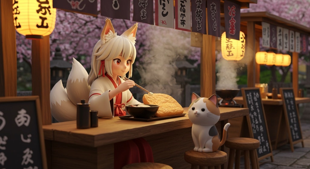 狐巫女と子猫、きつねうどんの夜