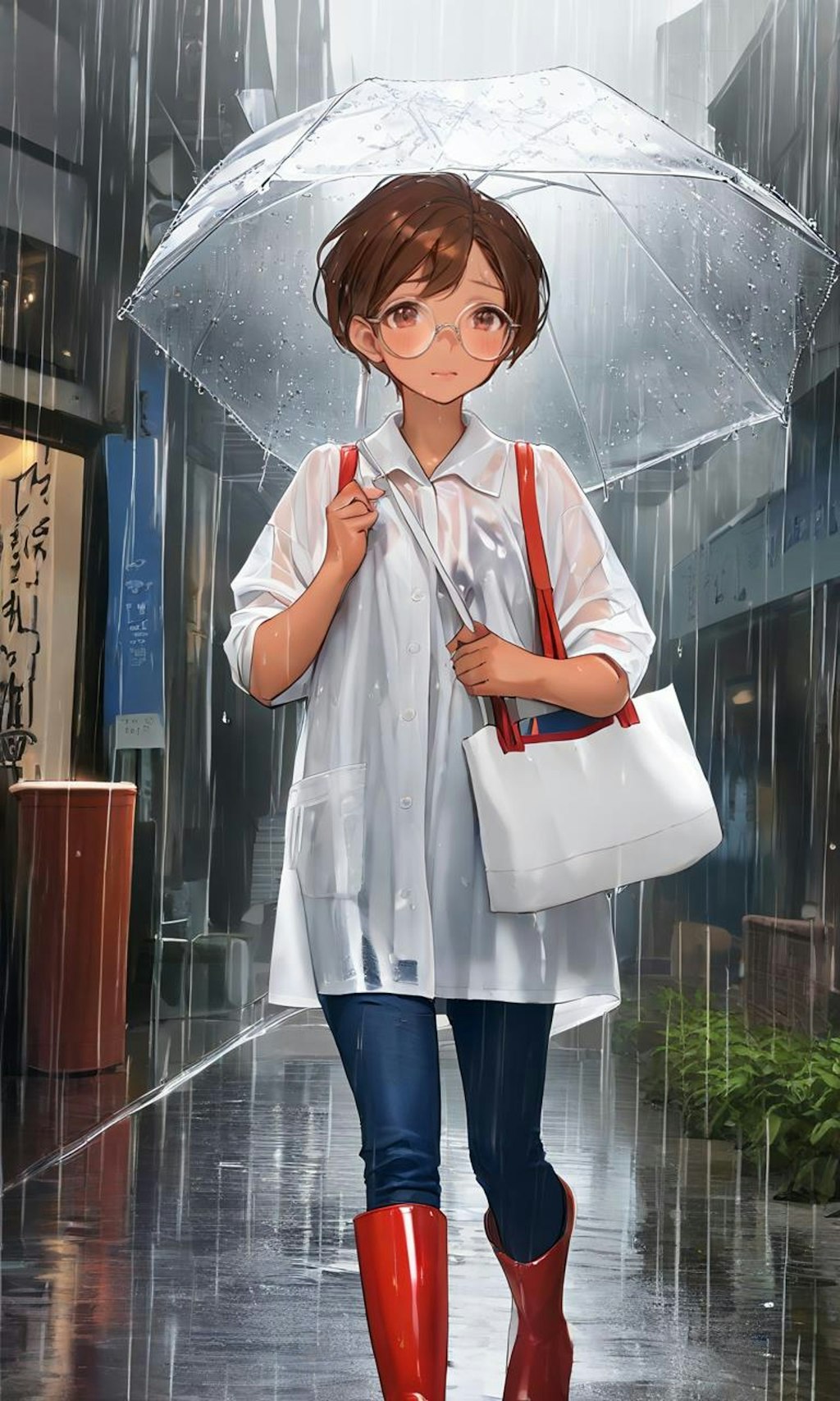 大雨の中の眼鏡っ娘