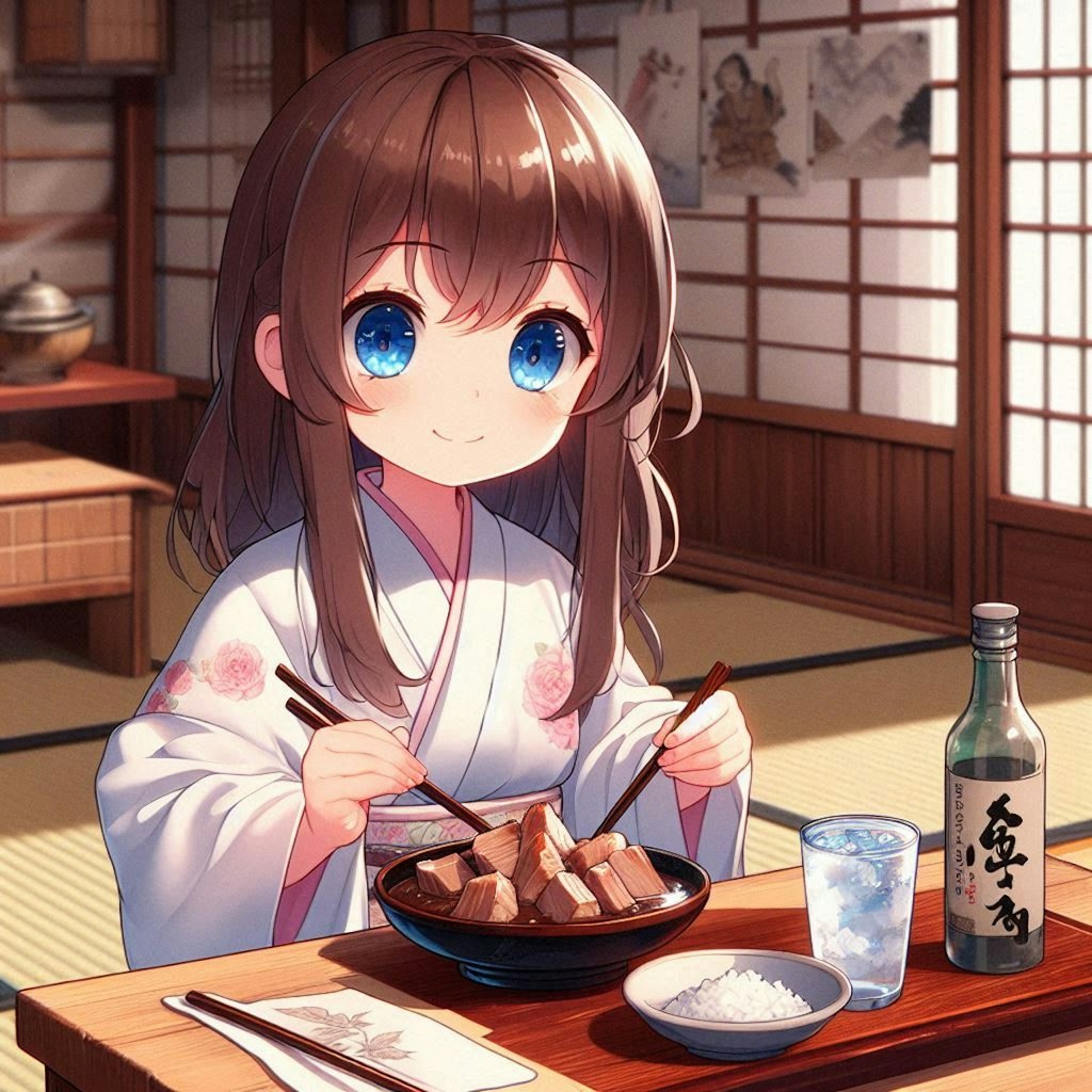 豚の角煮を食べる小さな女の子