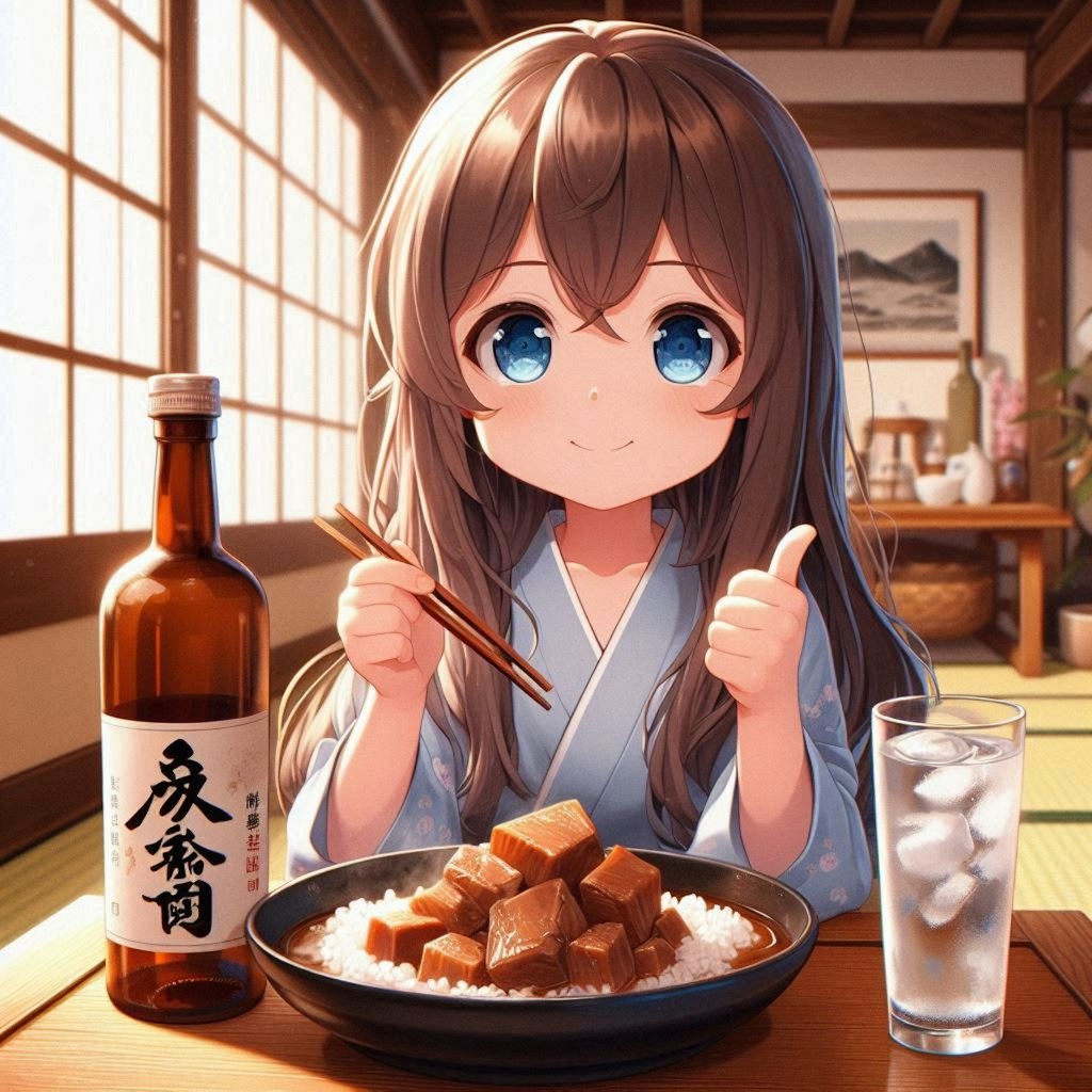 豚の角煮を食べる小さな女の子