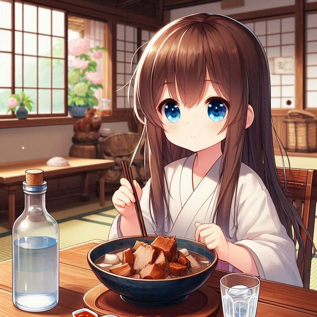 豚の角煮を食べる小さな女の子