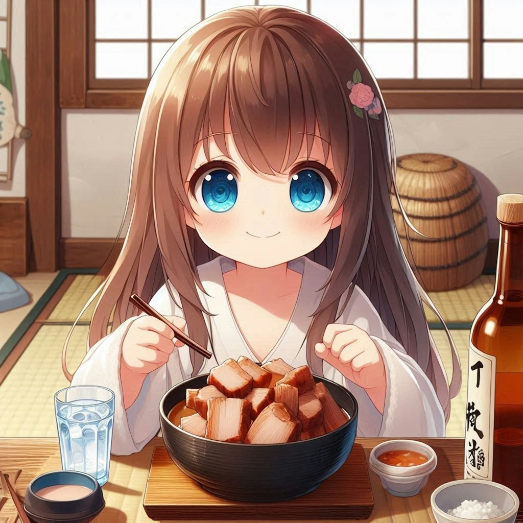 豚の角煮を食べる小さな女の子