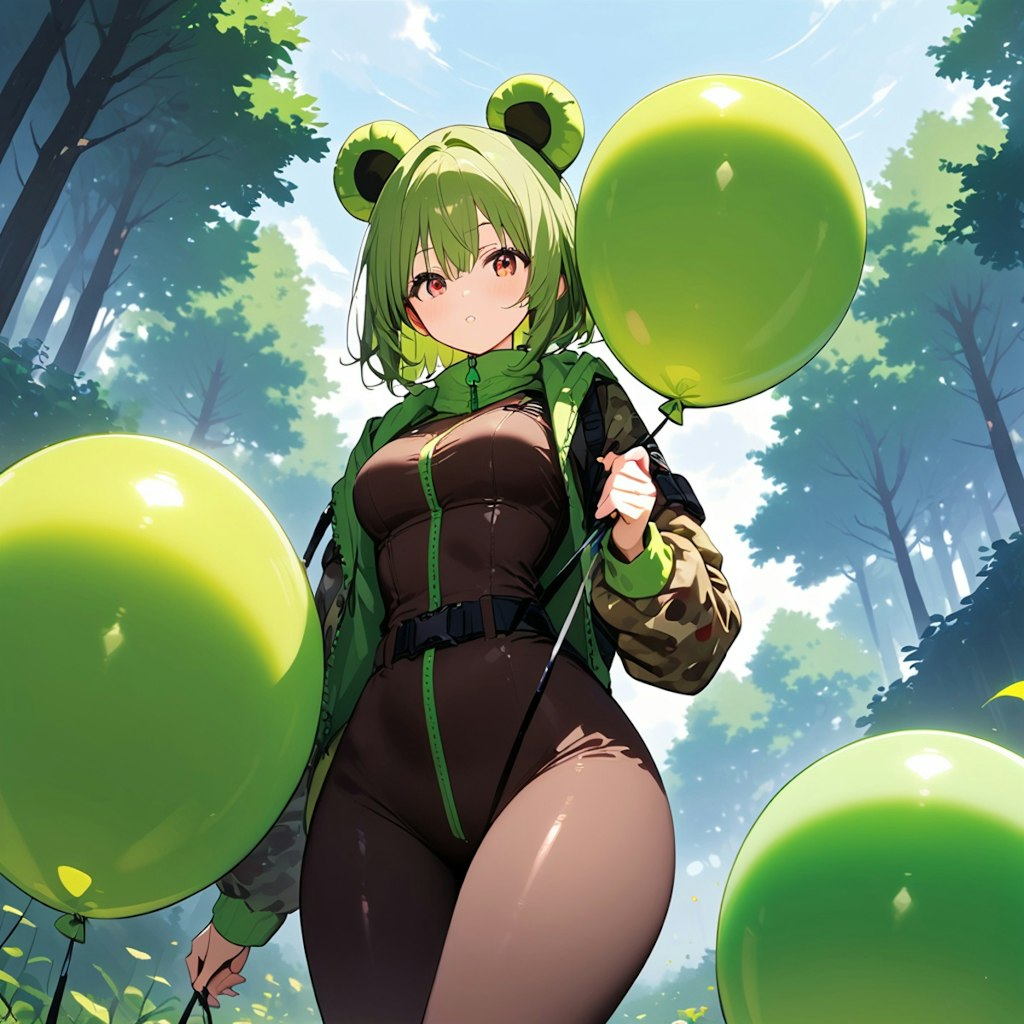 森の中で緑色の巨大風船を膨らませて遊ぶ緑髪の美女