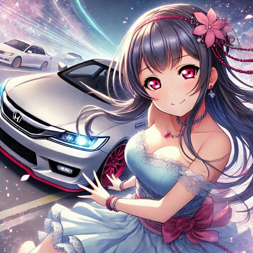 ラブライブキャラとシルバーメタリックホンダアコードのドリ車