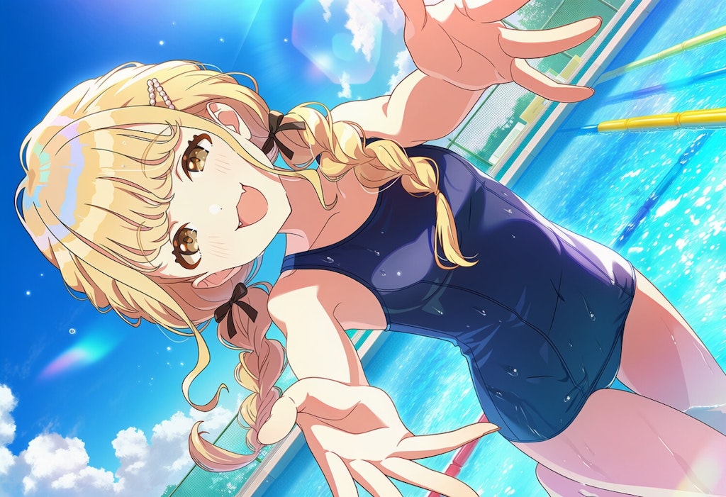 プールでプロデューサーに手を伸ばす藤田ことね