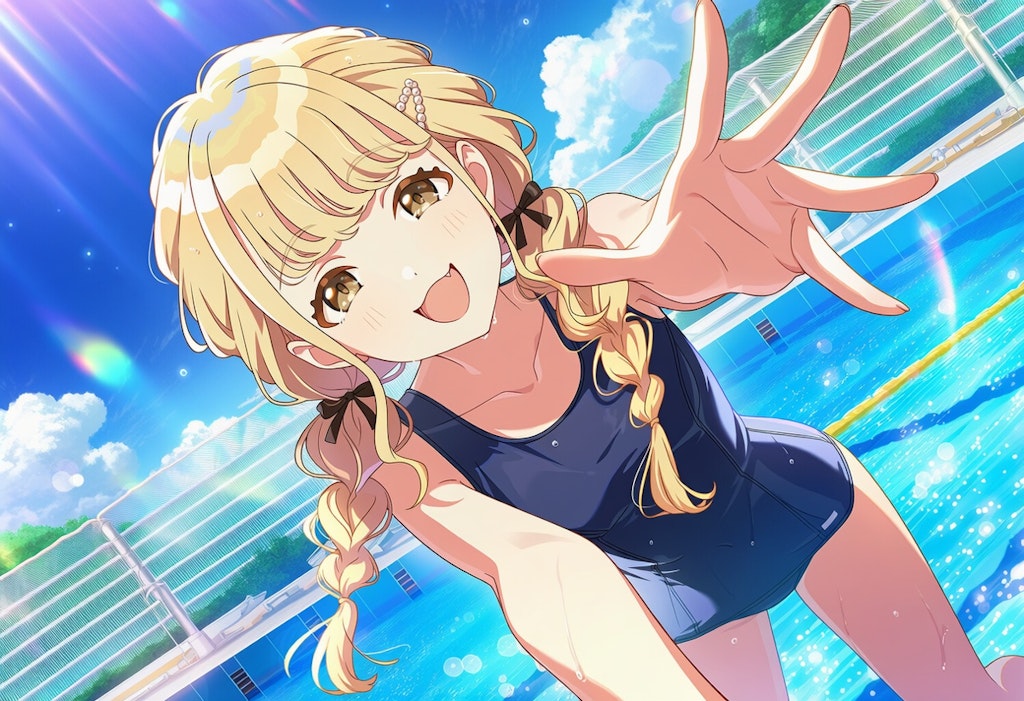 プールでプロデューサーに手を伸ばす藤田ことね