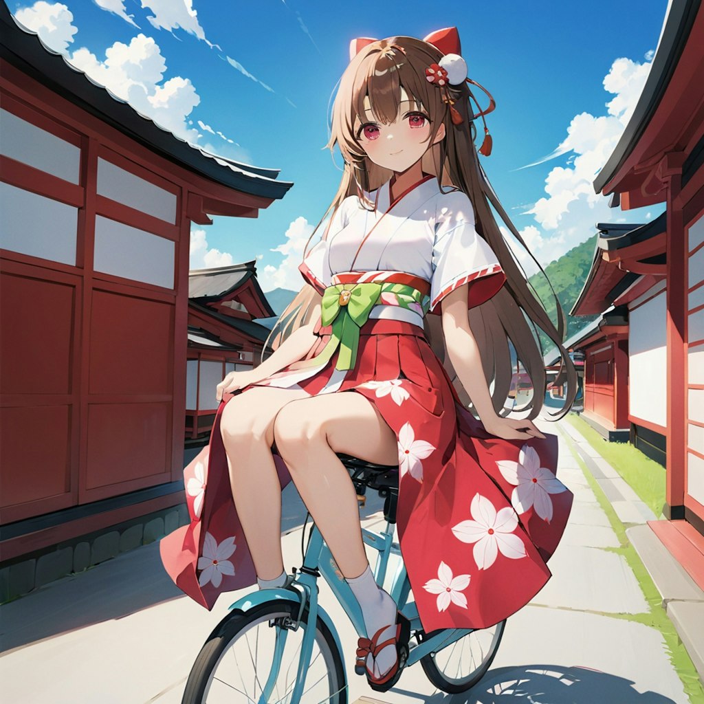 自転車に乗る巫女