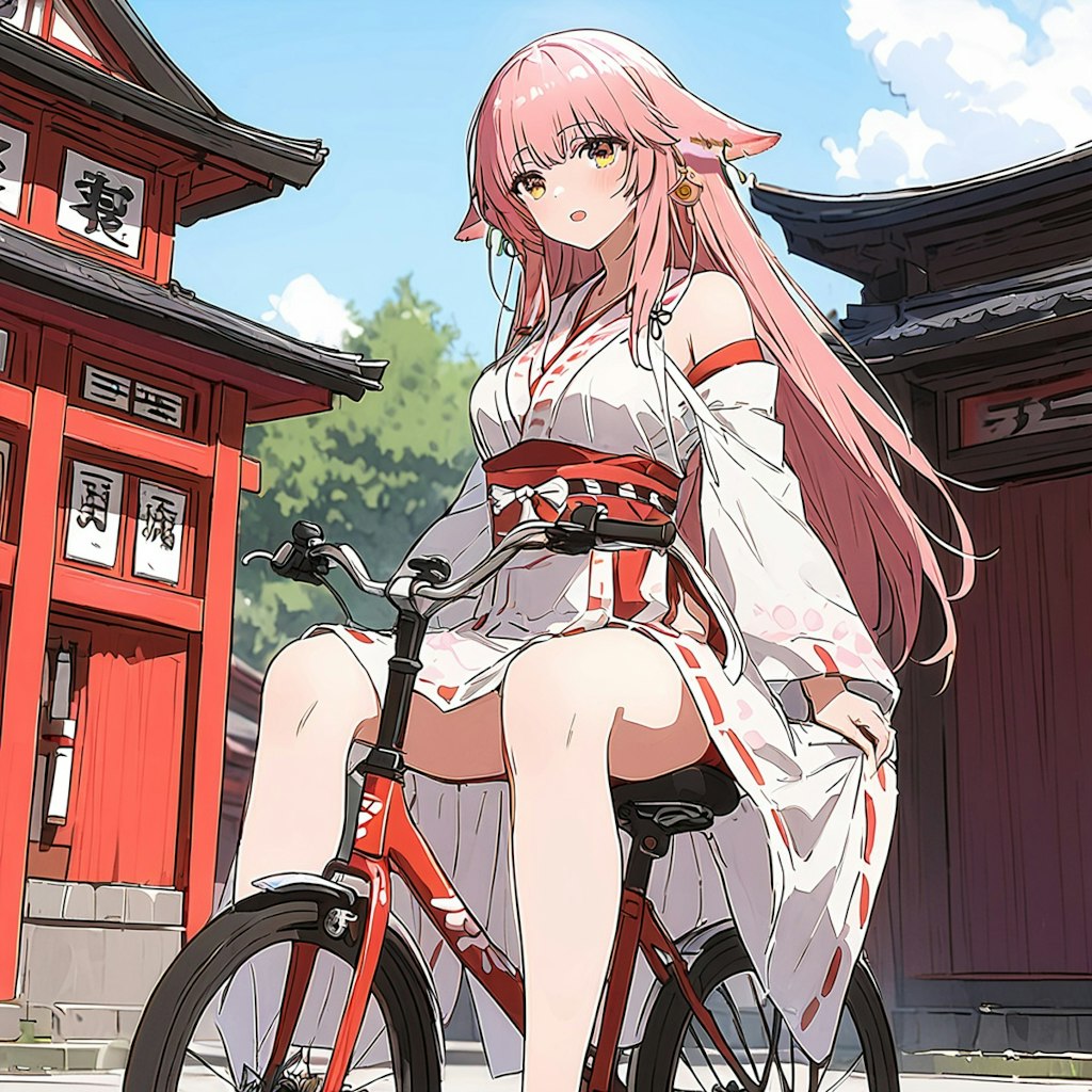 自転車に乗る巫女