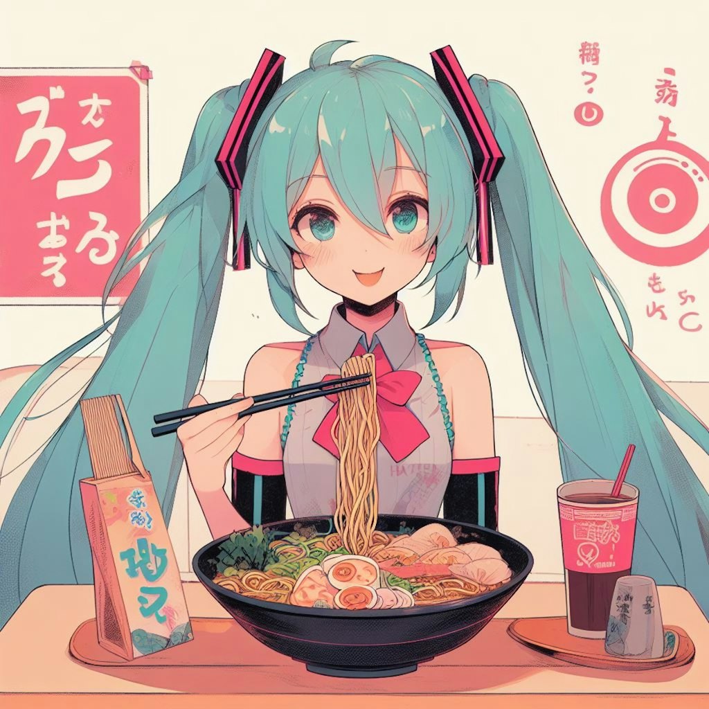 ラーメンを食べるミクさん