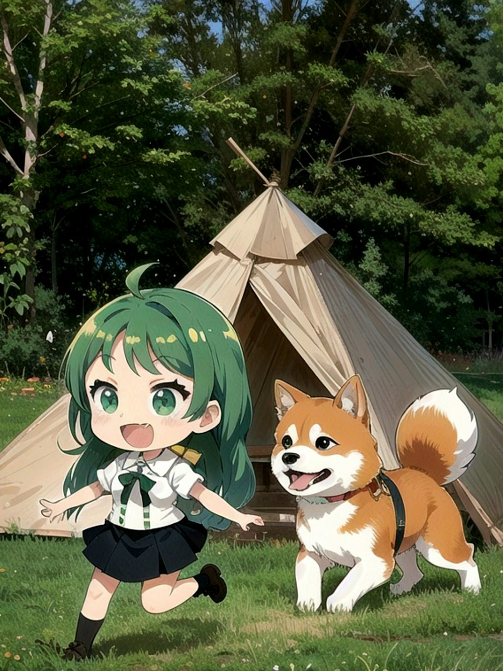 柴犬と緑髪ちゃん