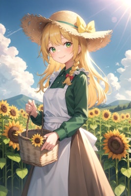 向日葵畑の美しい少女