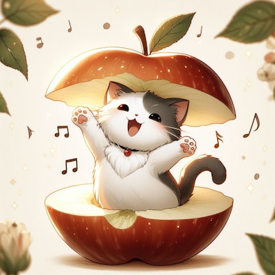 リンゴを持って踊るネコ
