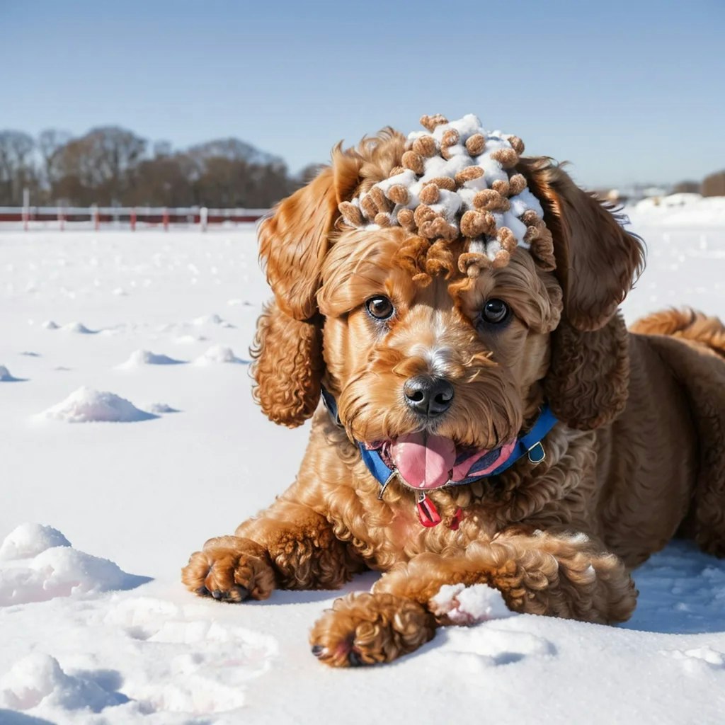 雪原で遊ぶトイプードル