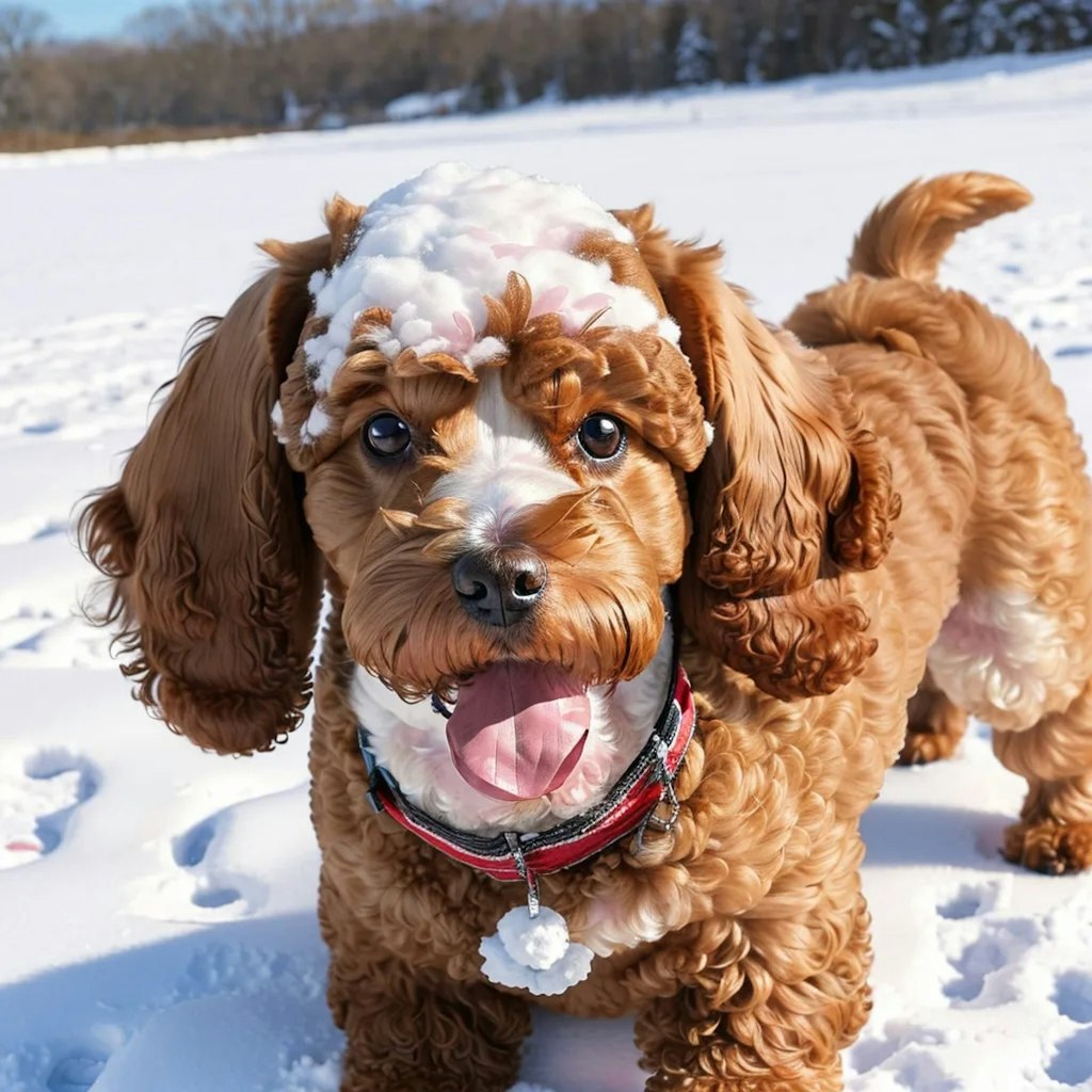 雪原で遊ぶトイプードル