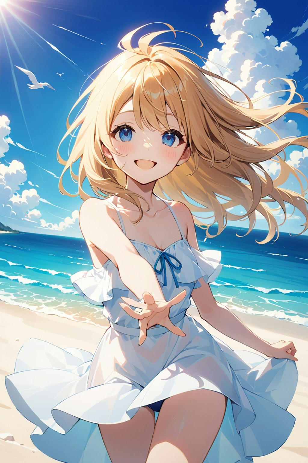 かわいい少女と夏の海