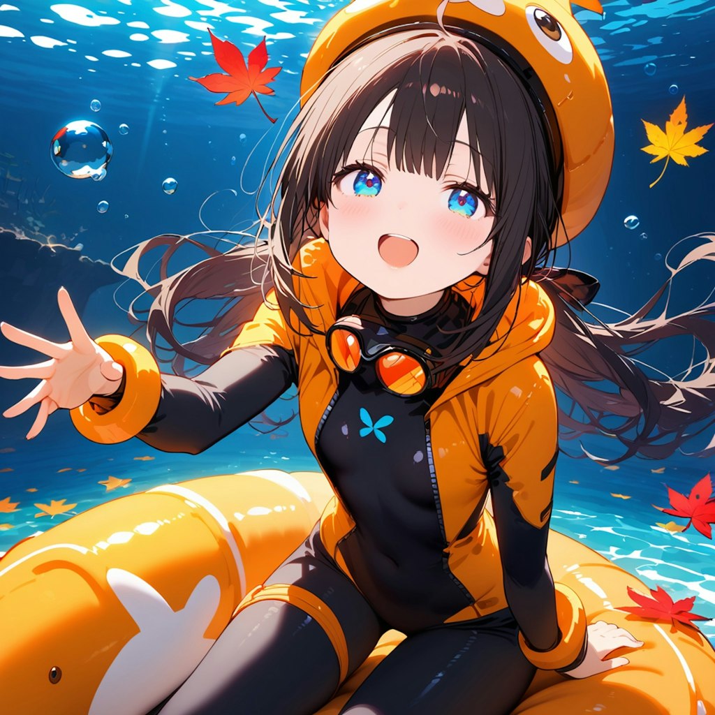 海の中で紅葉を観る小さな女の子