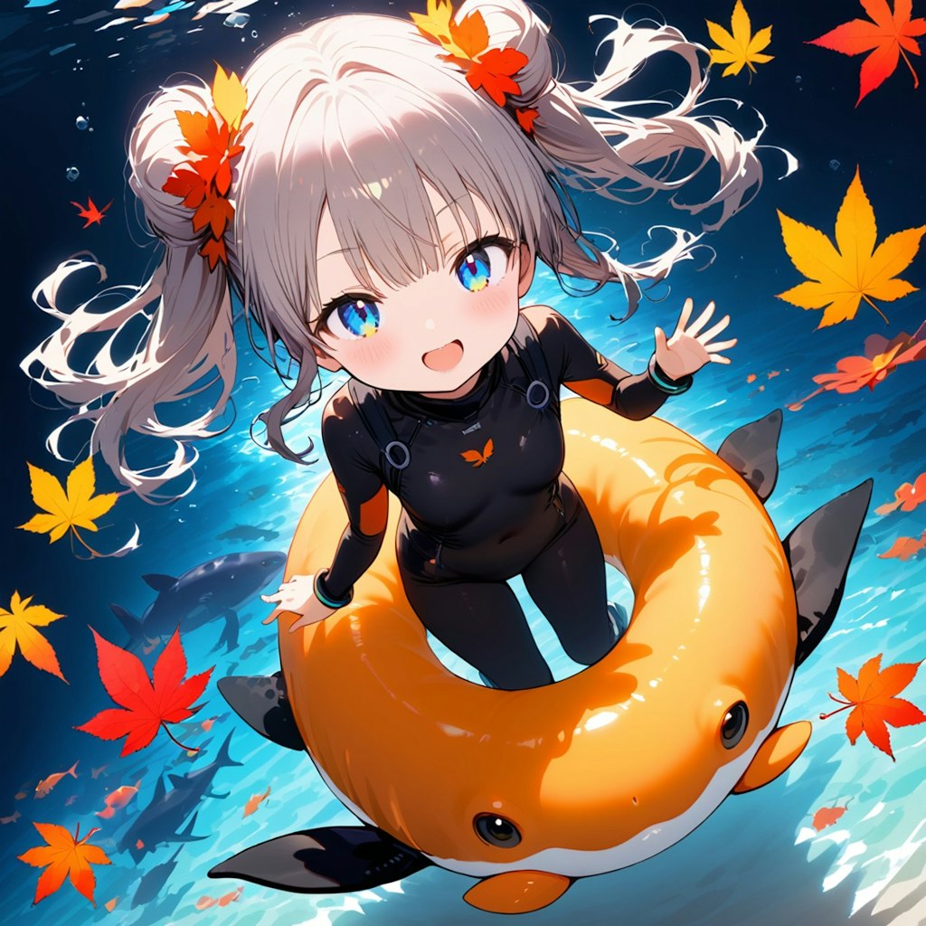 海の中で紅葉を観る小さな女の子