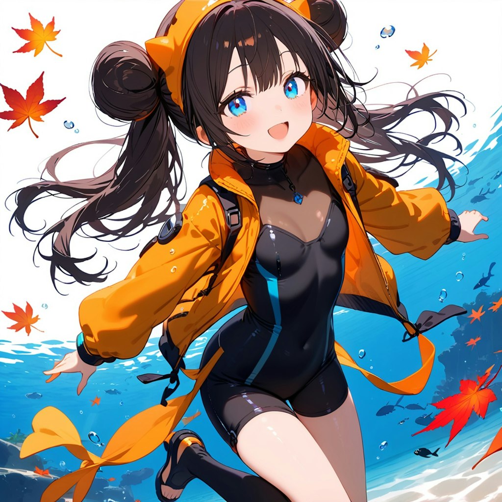 海の中で紅葉を観る小さな女の子