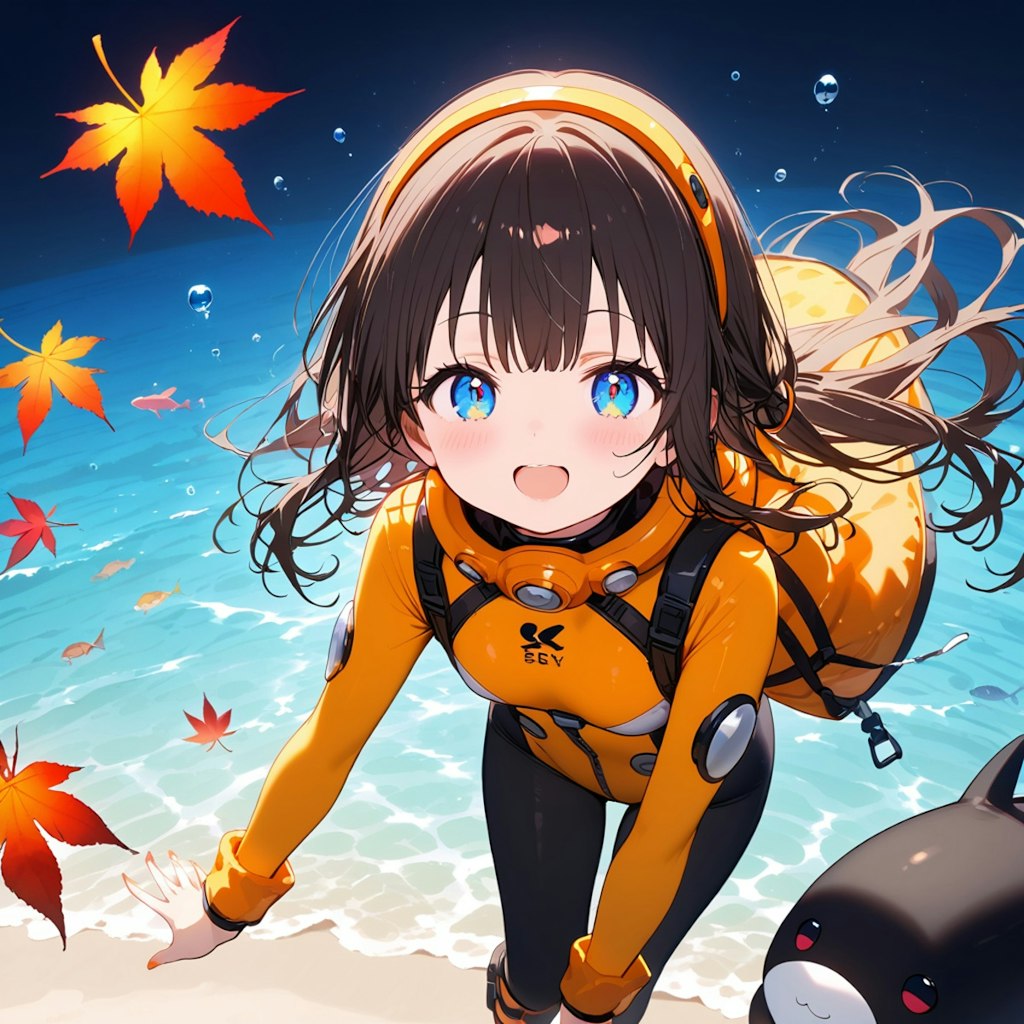 海の中で紅葉を観る小さな女の子