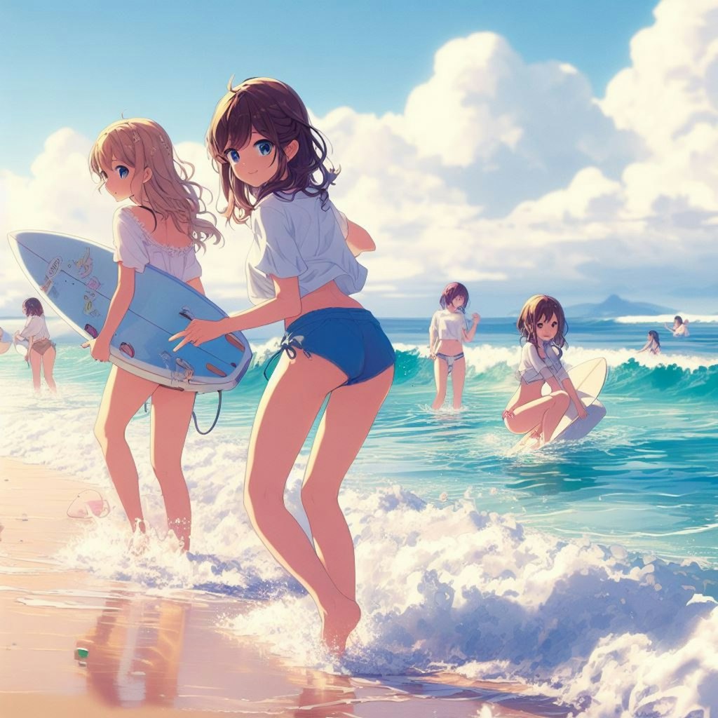 サーフィンを楽しむ少女たち