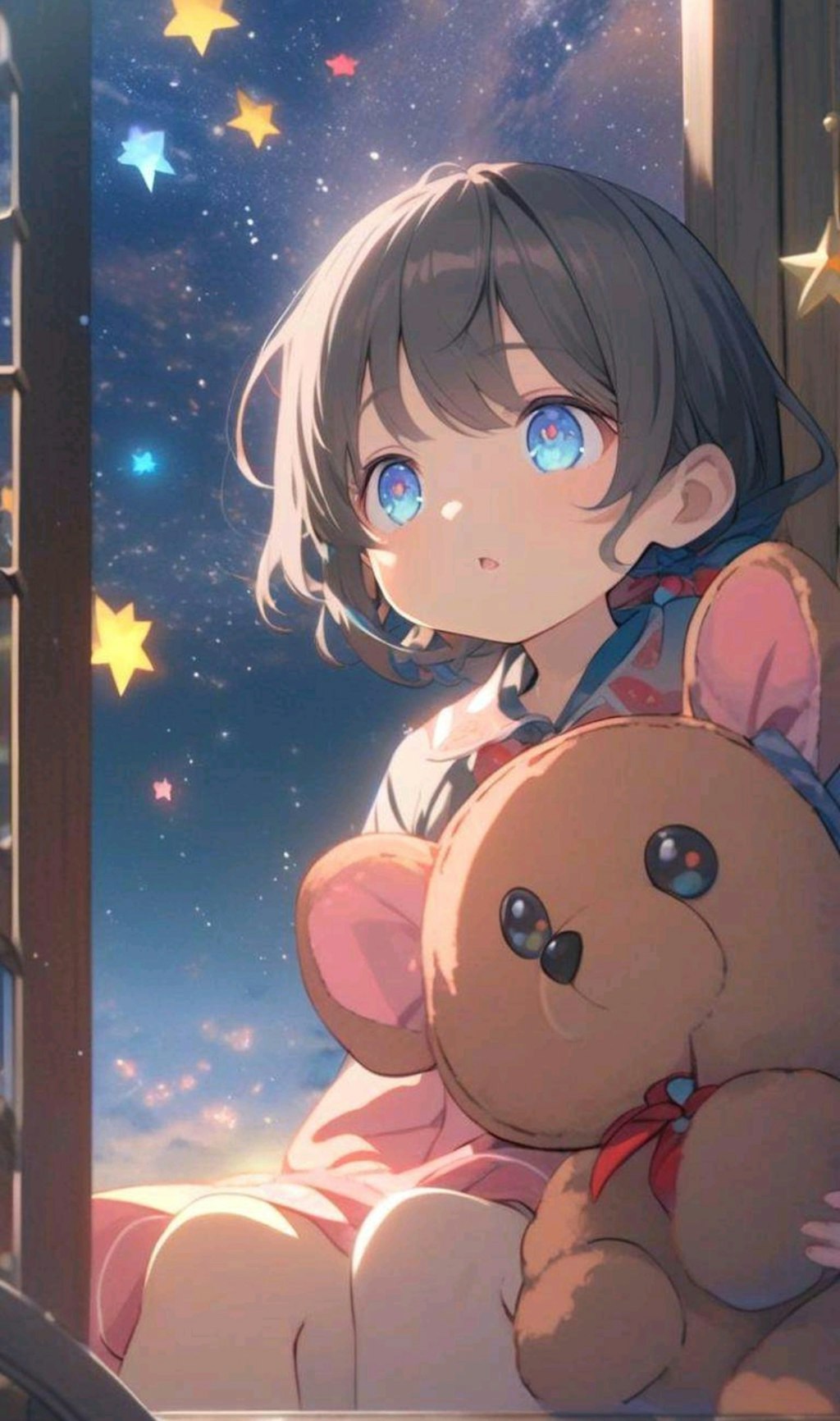 お気に入りのくまのぬいぐるみと星空を眺める小さな女の子