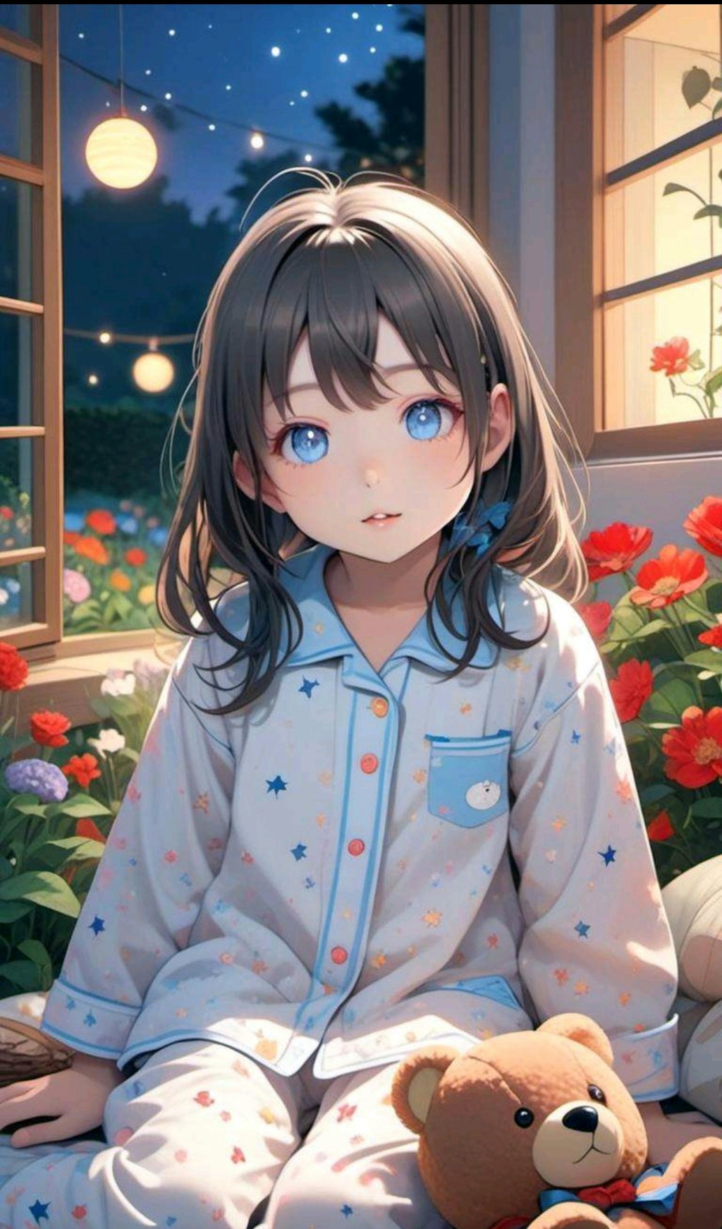 お気に入りのくまのぬいぐるみと星空を眺める小さな女の子