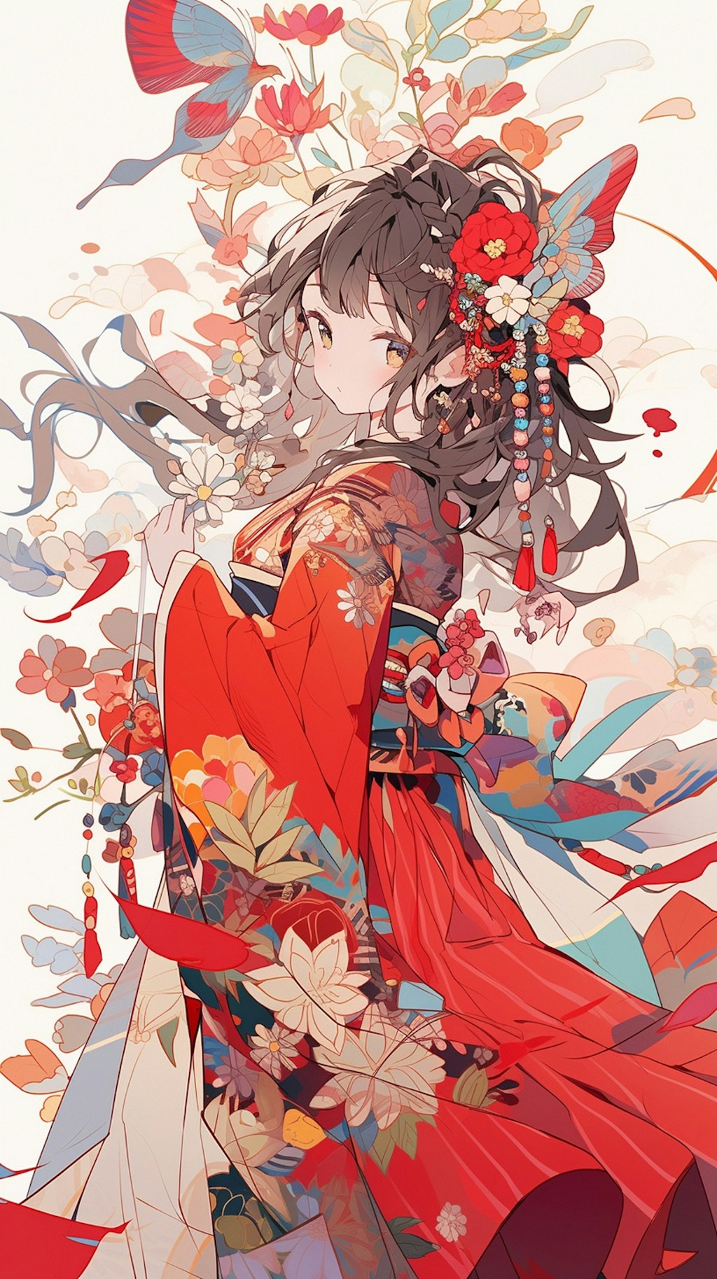 頭に花を飾った華やかな着物姿の少女