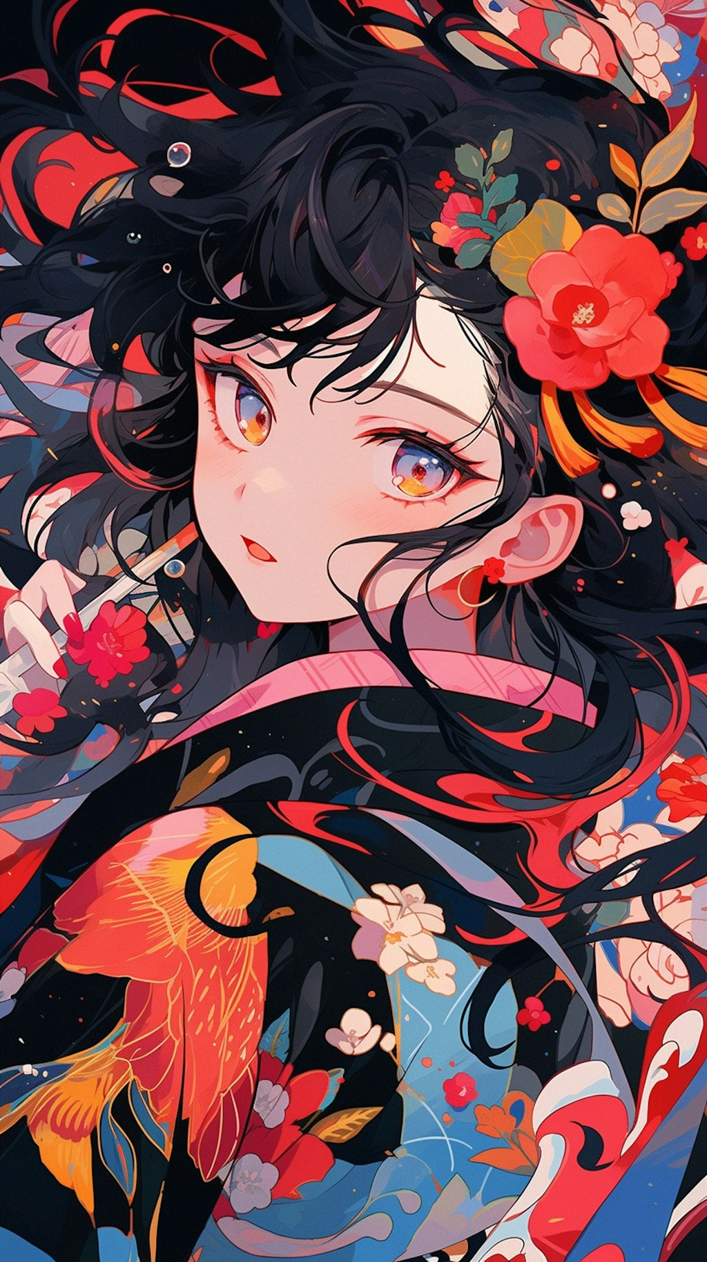 頭に花を飾った華やかな着物姿の少女