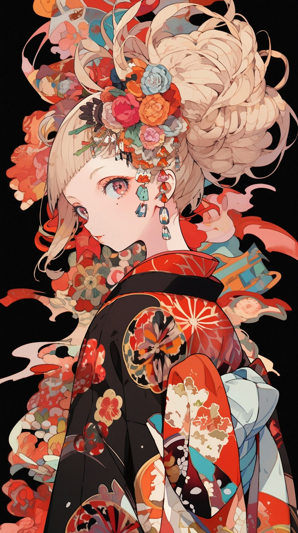 頭に花を飾った華やかな着物姿の少女