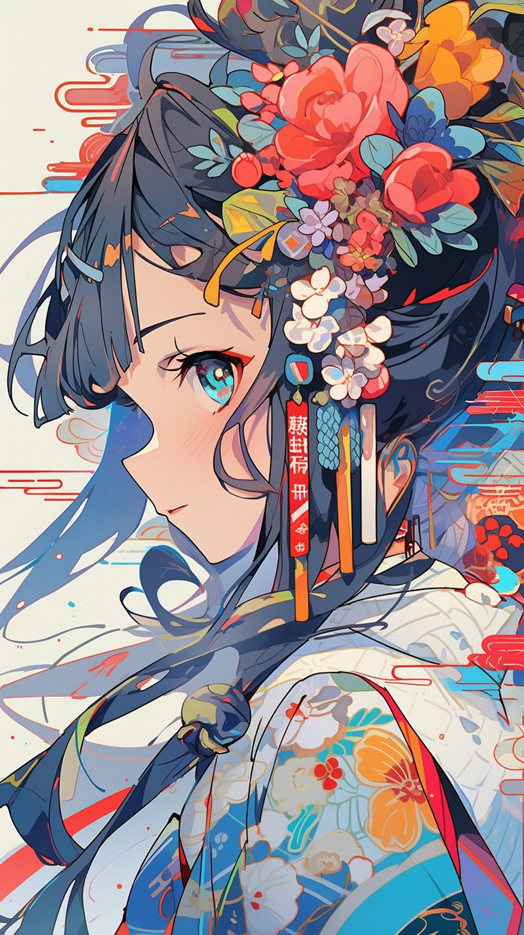 頭に花を飾った華やかな着物姿の少女