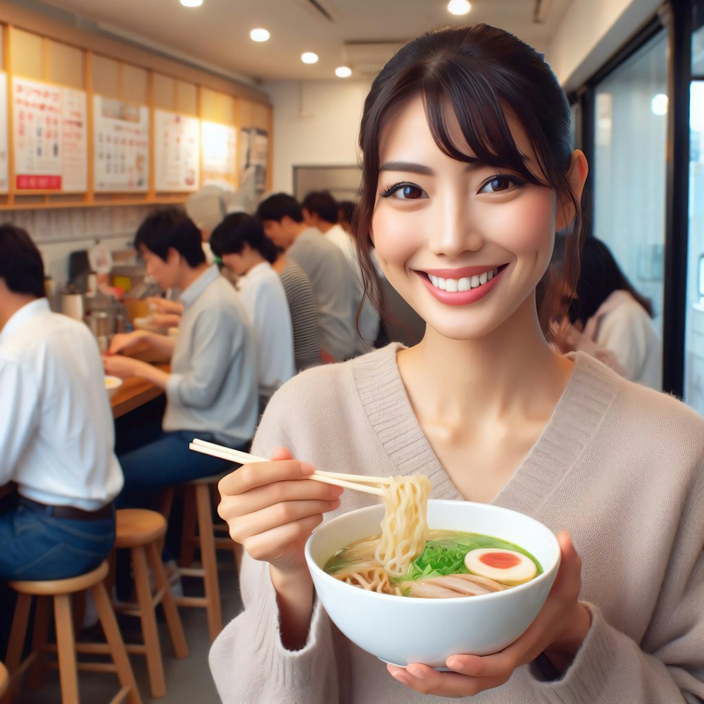 ラーメンを立ち食いする女性