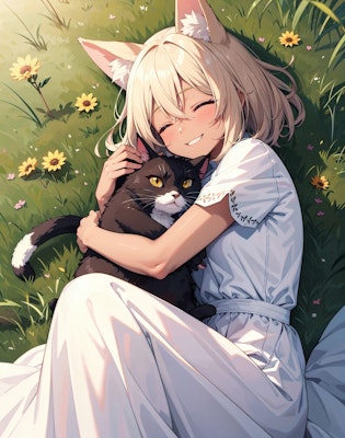 芝生に寝転ぶ猫と狐娘