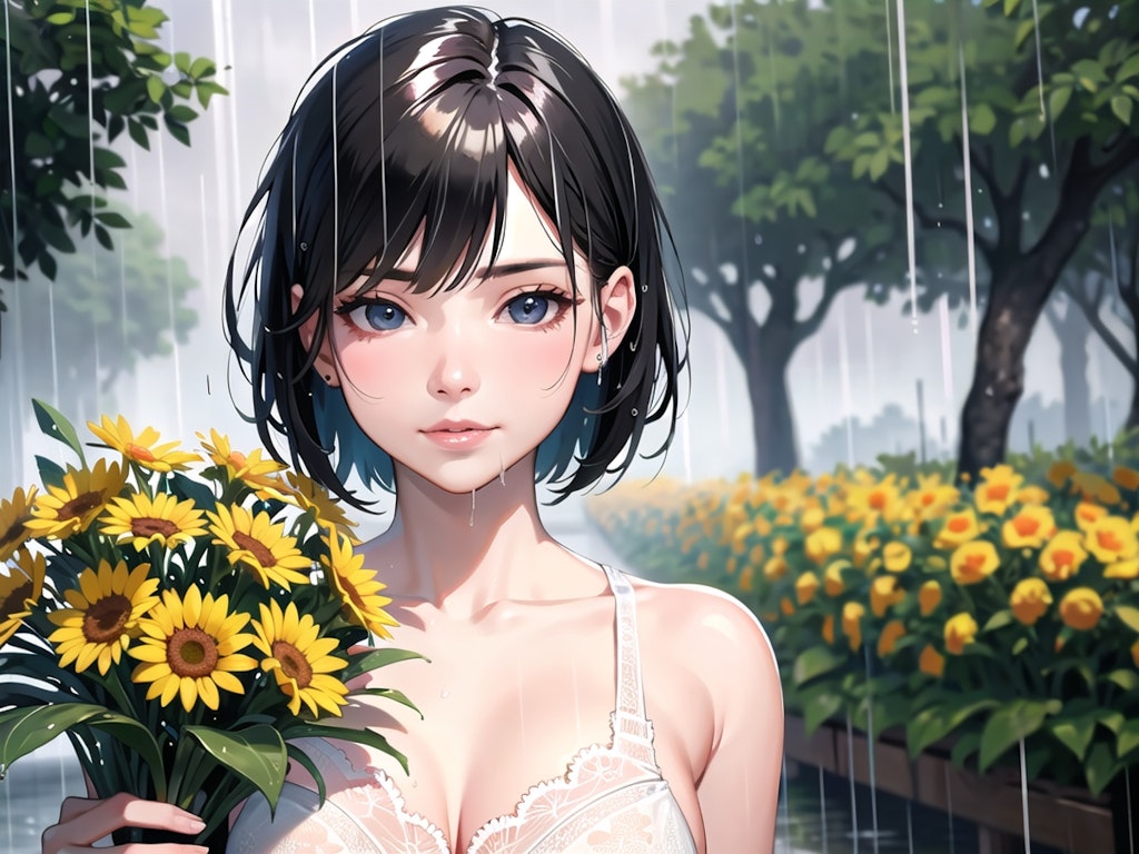 rain , flower , girl