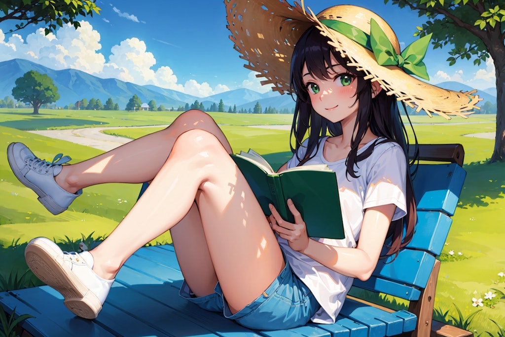 夏休み、木陰で本を読む女の子