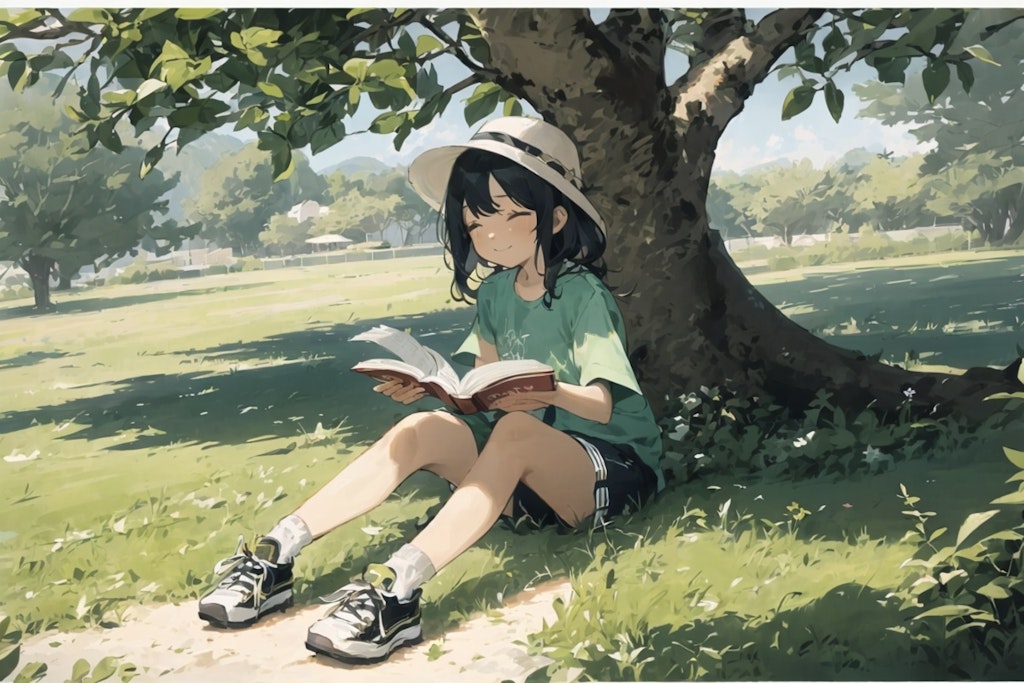 夏休み、木陰で本を読む女の子