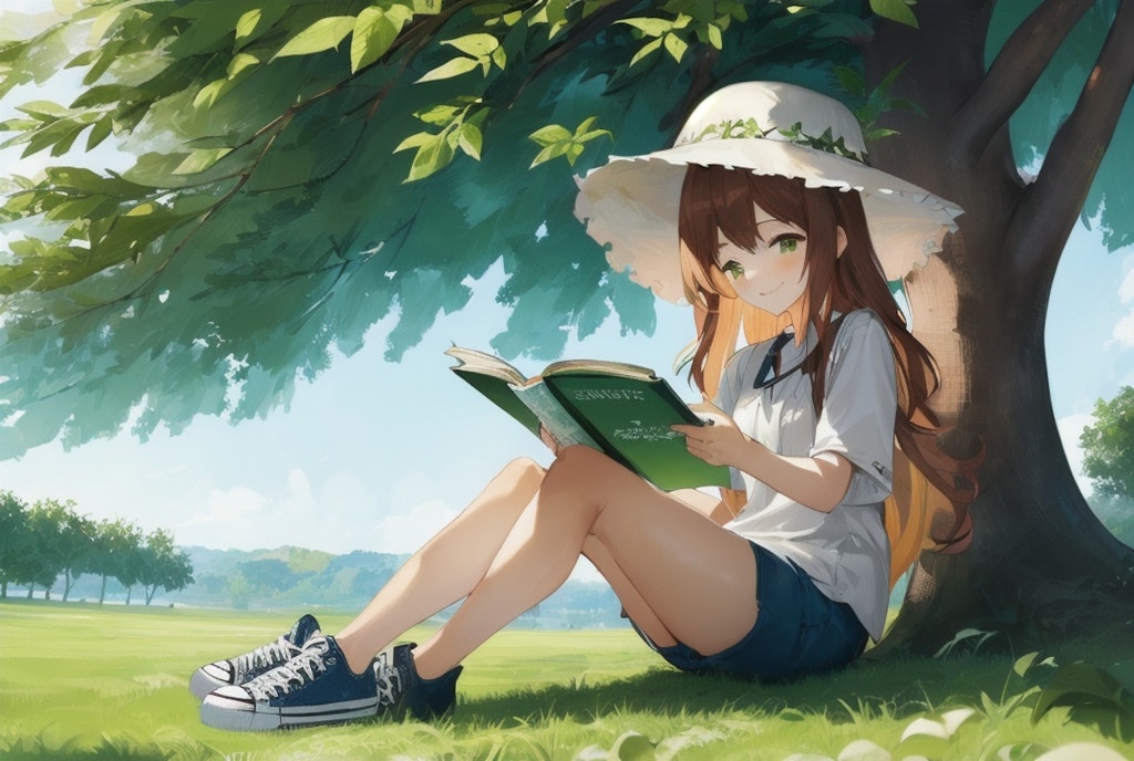 夏休み、木陰で本を読む女の子