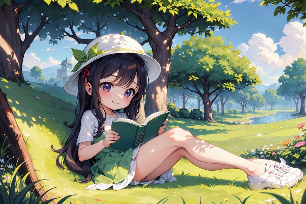 夏休み、木陰で本を読む女の子