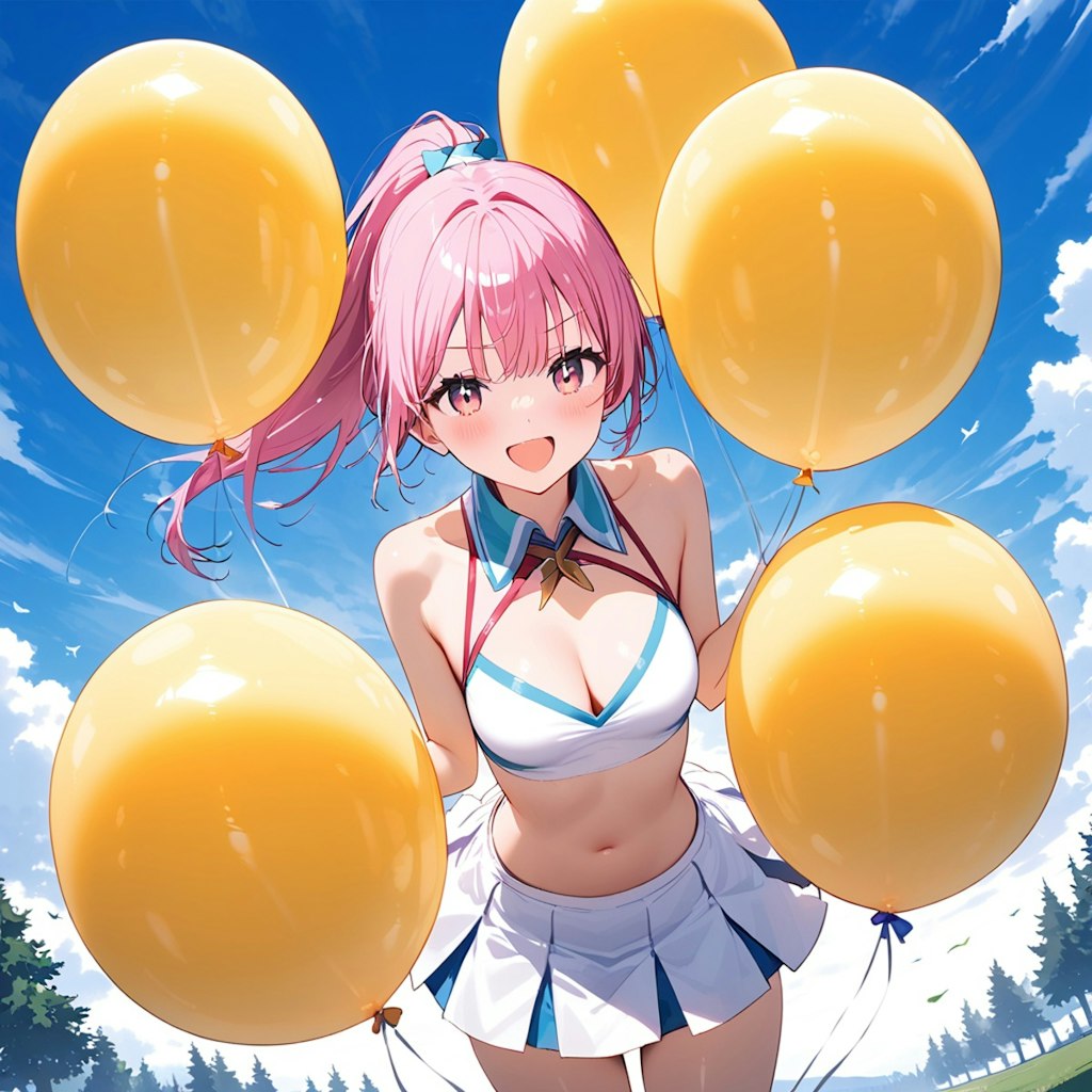 いっぱい黄色い風船を持つピンク髪ポニーテールのチアガール