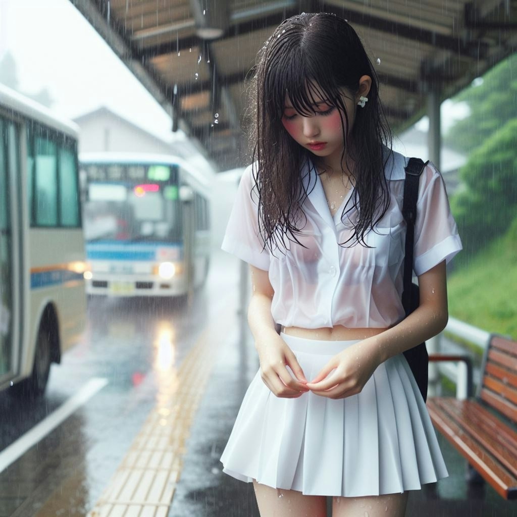 バス停で雨宿り