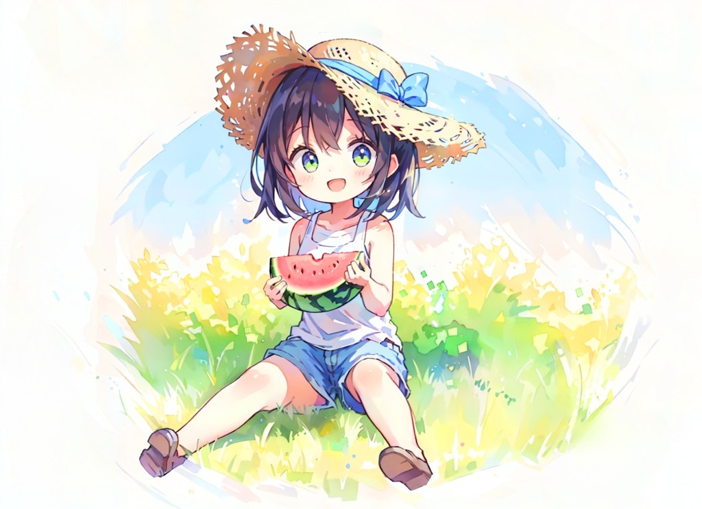 夏休みにスイカ(水彩調)