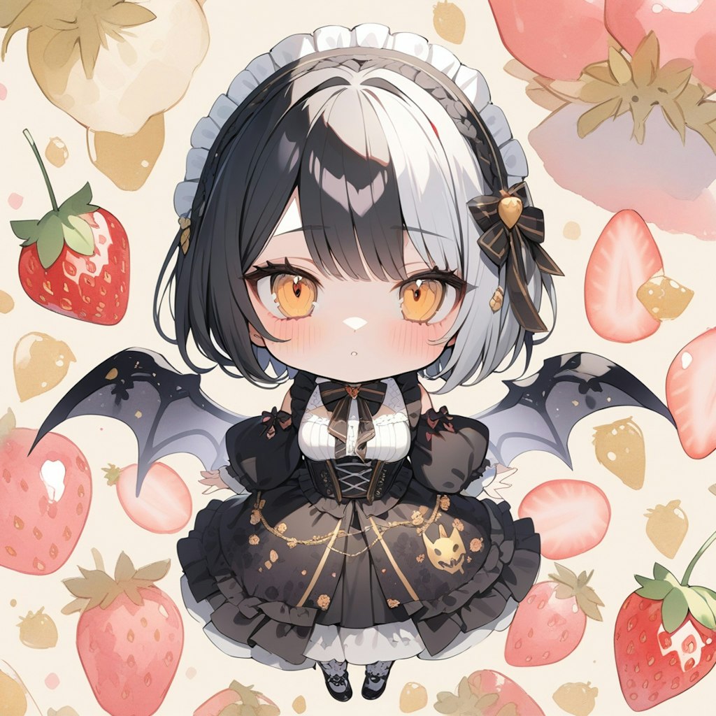 strawberry patterned gothic and lolita, strawberry background, watercolor