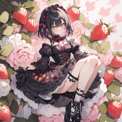 strawberry patterned gothic and lolita, strawberry background, watercolor