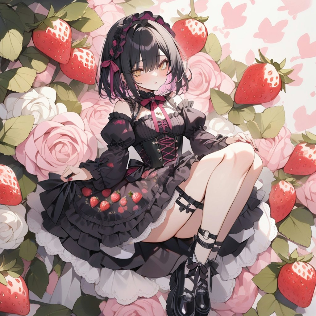 strawberry patterned gothic and lolita, strawberry background, watercolor