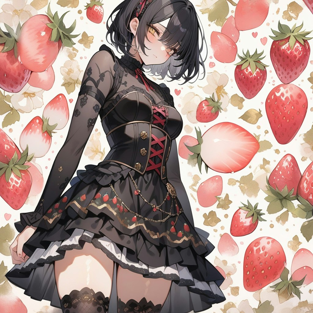 strawberry patterned gothic and lolita, strawberry background, watercolor