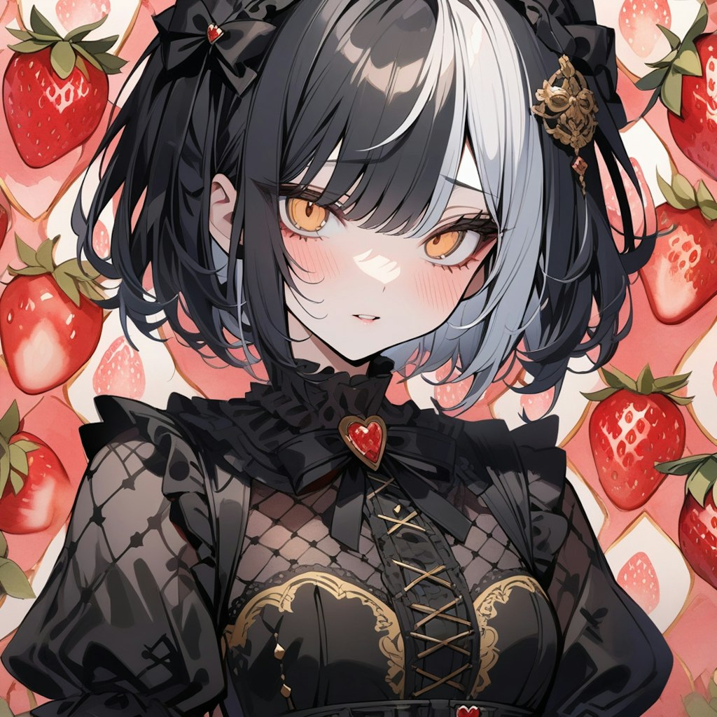 strawberry patterned gothic and lolita, strawberry background, watercolor