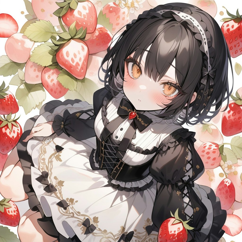 strawberry patterned gothic and lolita, strawberry background, watercolor