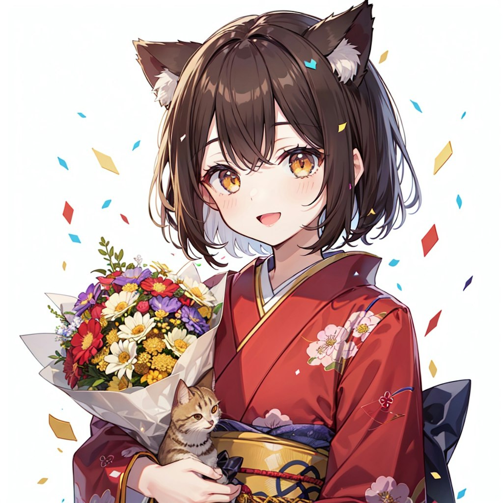 猫と御祝いの花束と着物姿の猫娘