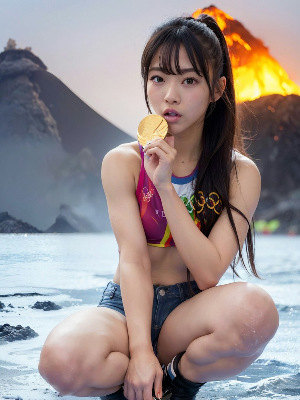 【謎画像・2000いいね記念】火山島で金メダルを食べるギャル