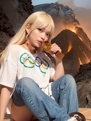 【謎画像・2000いいね記念】火山島で金メダルを食べるギャル